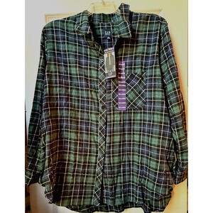Gap Womens Shirt Button Down Flannel Navy Green Boyfriend Long Sleeve XXL NWT